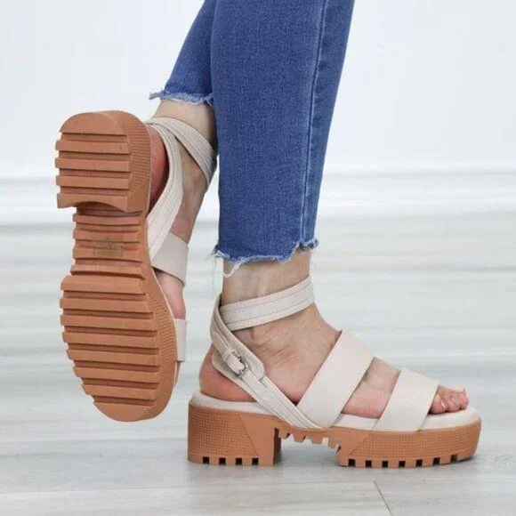 Nude Strappy Chunky Heel Sandal Faux Leather - Picture 12 of 12